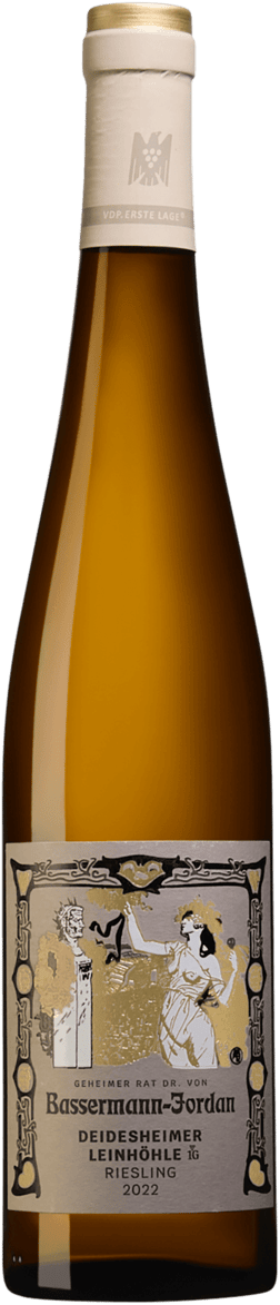 En glasflaska med Bassermann-Jordan Deidesheimer Leinhöhle Riesling Erste Lage 2022, ett vitt vin från Pfalz i Tyskland
