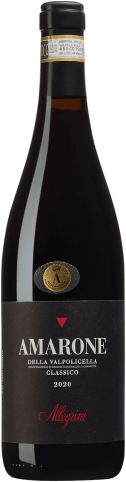 En glasflaska med Allegrini Amarone della Valpolicella Classico 2020, ett rött vin från Venetien i Italien
