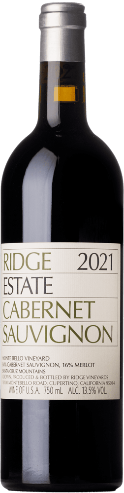 En glasflaska med Ridge Estate Cabernet Sauvignon 2021, ett rött vin från Kalifornien i USA
