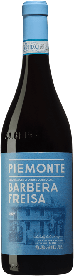 En glasflaska med G.D. Vajra Piemonte Barbera Freisa 2022, ett rött vin från Piemonte i Italien