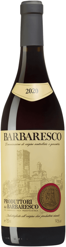 En glasflaska med Produttori del Barbaresco 2020, ett rött vin från Piemonte i Italien