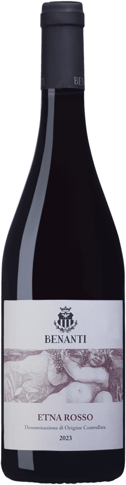 En glasflaska med Benanti Etna Rosso 2022, ett rött vin från Sicilien i Italien