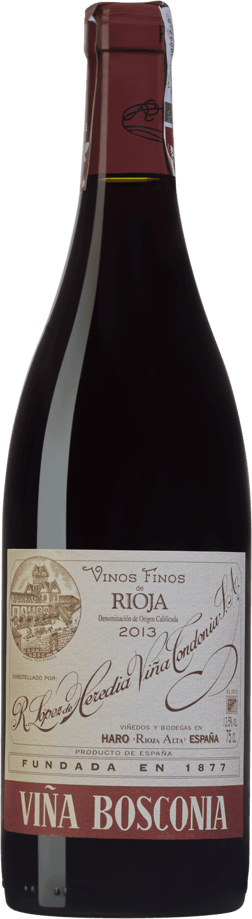 En glasflaska med R López de Heredia Viña Tondonia Viña Bosconia Reserva 2013, ett rött vin från Rioja i Spanien