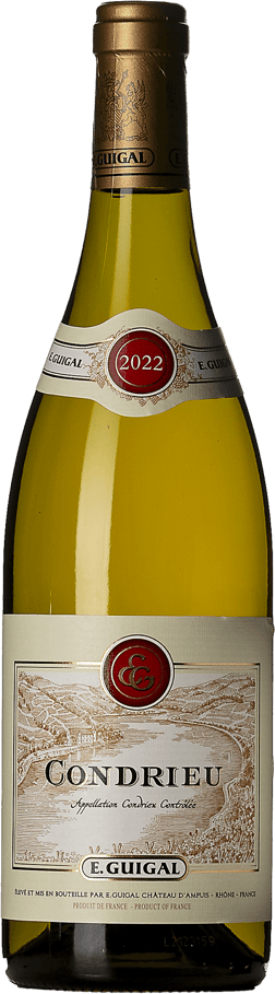 En glasflaska med E. Guigal Condrieu 2022, ett vitt vin från Rhonedalen i Frankrike