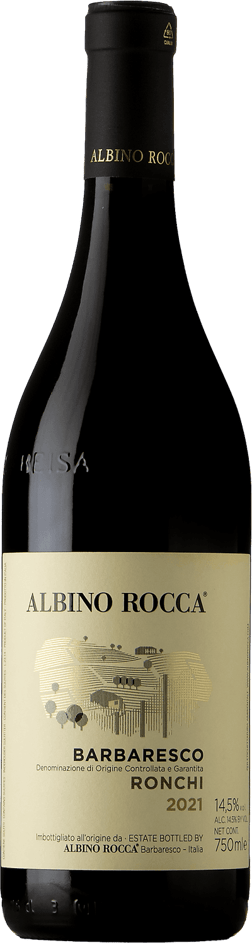 En glasflaska med Albino Rocca Barbaresco Ronchi 2021, ett rött vin från Piemonte i Italien