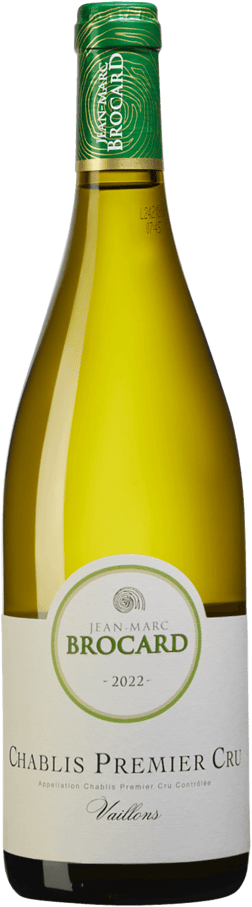 En glasflaska med Jean-Marc Brocard Chablis Premier Cru Vaillons 2022, ett vitt vin från Bourgogne i Frankrike