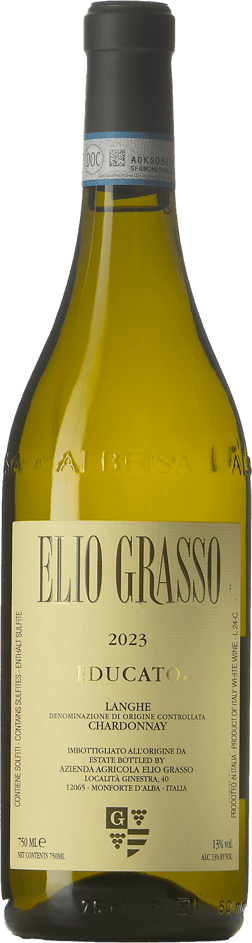 En glasflaska med Elio Grasso Educato Langhe Chardonnay 2023, ett vitt vin från Piemonte i Italien