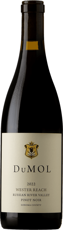 En glasflaska med DuMol Wester Reach Russian River Valley Pinot Noir 2022, ett rött vin från Kalifornien i USA