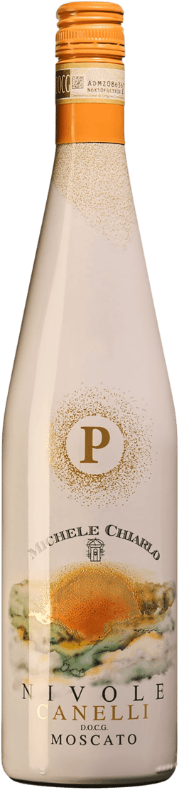 En glasflaska med Michele Chiarlo P Nivole Moscato 2024, ett vitt vin från Piemonte i Italien
