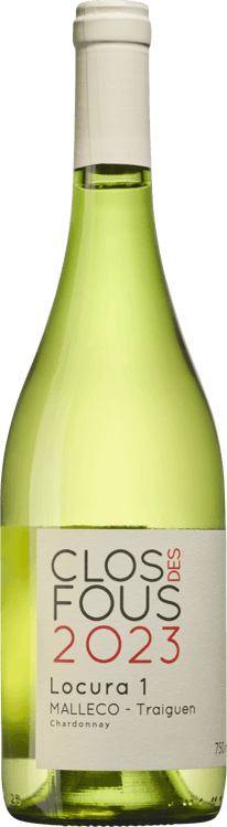 En lättare glasflaska med Clos Des Fous, ett vitt vin från Région del Sur i Chile