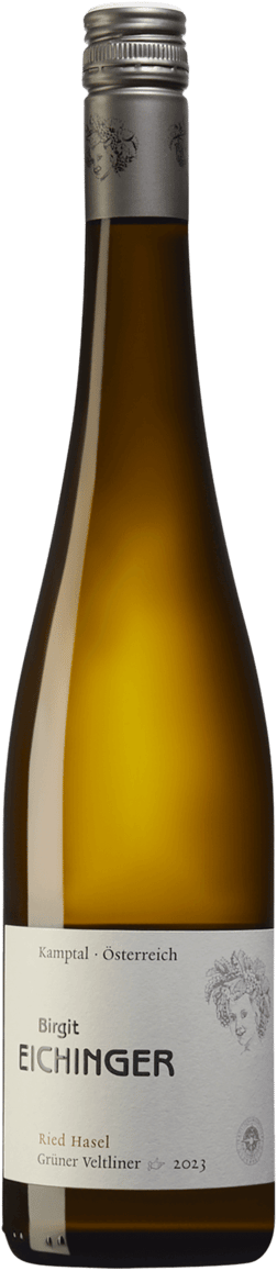 En glasflaska med Birgit Eichinger Grüner Veltliner Ried Hasel 2023, ett vitt vin från Niederösterreich i Österrike