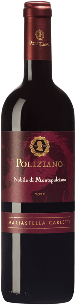 En glasflaska med Poliziano Vino Nobile di Montepulciano Maria Stella 2021, ett rött vin från Toscana i Italien