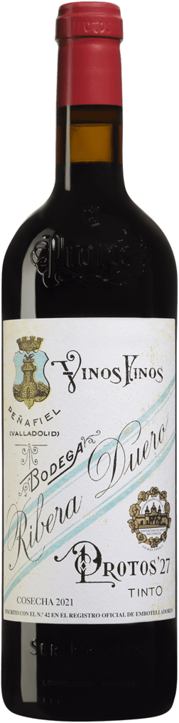 En glasflaska med Protos '27 2021, ett rött vin från Kastilien-León i Spanien