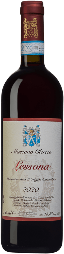En glasflaska med Massimo Clerico Lessona 2020, ett rött vin från Piemonte i Italien