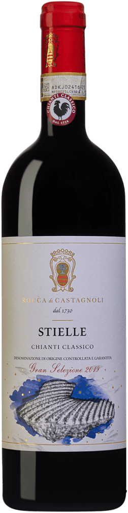 En glasflaska med Rocca di Castagnoli Stielle Gran Selezione 2019, ett rött vin från Toscana i Italien