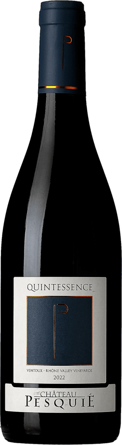 En glasflaska med Château Pesquié - Famille Chaudière Quintessence Rouge 2022, ett rött vin från Rhonedalen i Frankrike