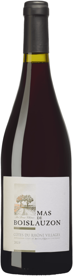 En glasflaska med Mas de Boislauzon Côtes-du-Rhône Villages 2023, ett rött vin från Rhonedalen i Frankrike