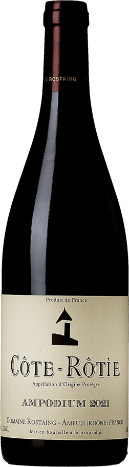 En glasflaska med Domaine Rostaing Côte-Rôtie Ampodium 2021, ett rött vin från Rhonedalen i Frankrike
