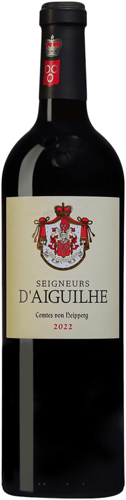 En glasflaska med Château d'Aiguilhe Seigneurs d’Aiguilhe 2022, ett rött vin från Bordeaux i Frankrike