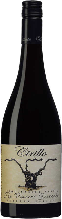 En glasflaska med Cirillo Estate The Vincent Grenache 2023, ett rött vin från South Australia i Australien