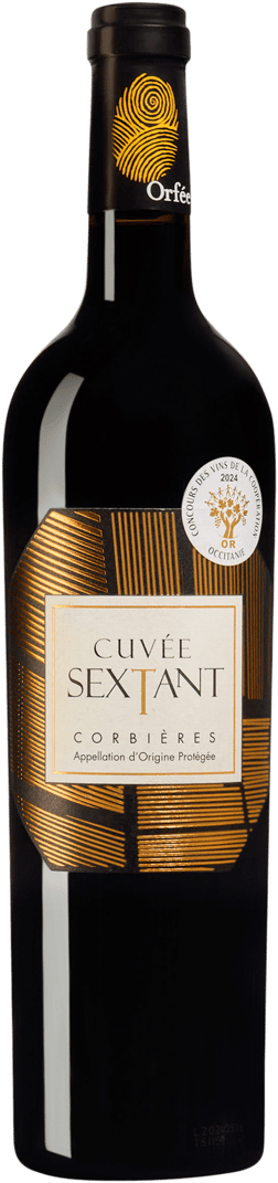 En glasflaska med Les Celliers d'Orfée Cuvee Sextant 2021, ett rött vin från Languedoc-Roussillon i Frankrike
