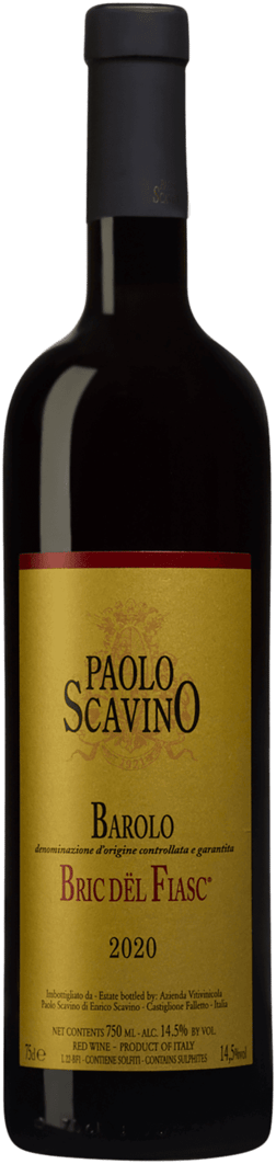 En glasflaska med Paolo Scavino Barolo Bric dël Fiasc 2020, ett rött vin från Piemonte i Italien