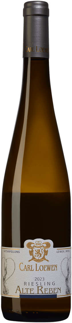 En glasflaska med Carl Loewen Riesling Alte Reben 2023, ett vitt vin från Mosel i Tyskland