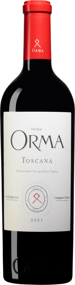 En glasflaska med Tenuta Sette Ponti Orma 2021, ett rött vin från Toscana i Italien