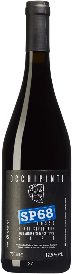 En lättare glasflaska med Arianna Occhipinti SP68 Rosso 2022, ett rött vin från Sicilien i Italien