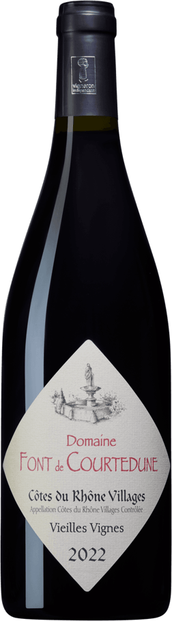 En glasflaska med Domaine Font de Courtedune Côtes du Rhône Villages 2022, ett rött vin från Rhonedalen i Frankrike