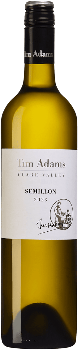 En glasflaska med Tim Adams Semillon 2023, ett vitt vin från South Australia i Australien