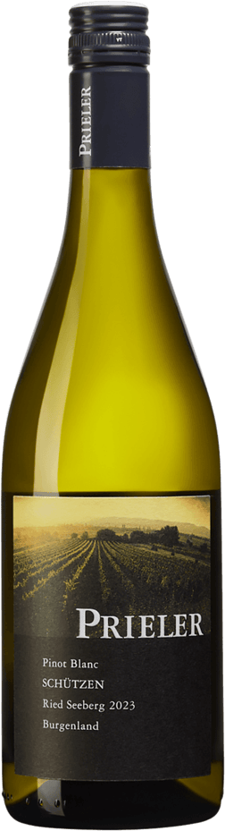 En glasflaska med Weingut Familie Prieler Pinot Blanc Schützen Ried Seeberg 2023, ett vitt vin från Burgenland i Österrike