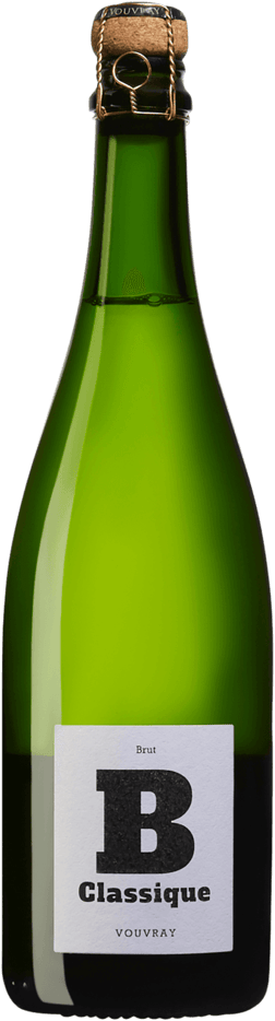 En lättare glasflaska med Domaine du Clos de l'Epinay Vouvray Cuvée Classique, en mousserande från Loiredalen i Frankrike