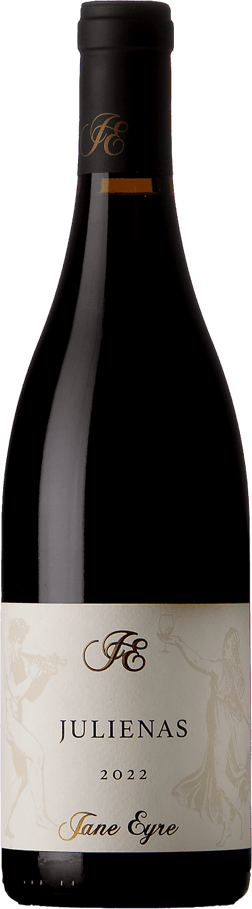 En lättare glasflaska med Maison Jane Eyre Juliénas 2022, ett rött vin från Bourgogne i Frankrike