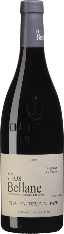 En glasflaska med Clos Petite Bellane Chateauneuf-du-Pape Urgonien 2020, ett rött vin från Rhonedalen i Frankrike