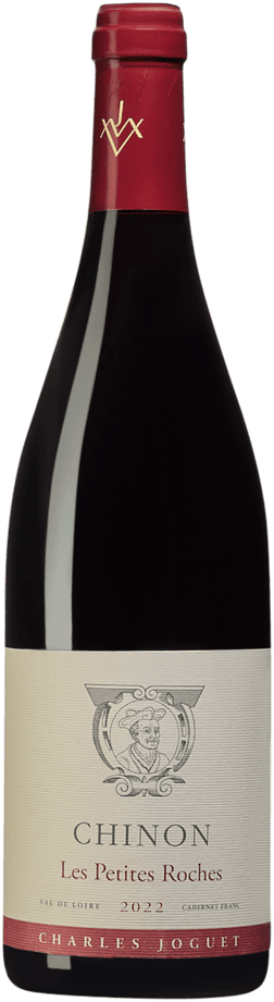 En glasflaska med Charles Joguet Chinon Les Petites Roches 2022, ett rött vin från Loiredalen i Frankrike