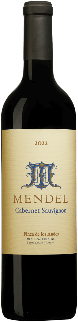 En lättare glasflaska med Mendel Cabernet Sauvignon 2022, ett rött vin från Cuyo i Argentina