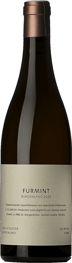 En glasflaska med Rosi Schuster Furmint 2023, ett vitt vin från Burgenland i Österrike