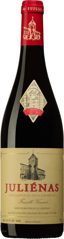 En glasflaska med Château Fuissé Juliénas 2022, ett rött vin från Bourgogne i Frankrike