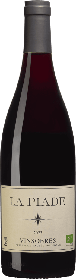En glasflaska med Domaine Chaume Arnaud La Piade Vinsobres 2023, ett rött vin från Rhonedalen i Frankrike
