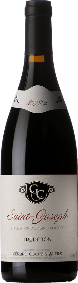 En glasflaska med Gérard Courbis Saint-Joseph Tradition 2022, ett rött vin från Rhonedalen i Frankrike