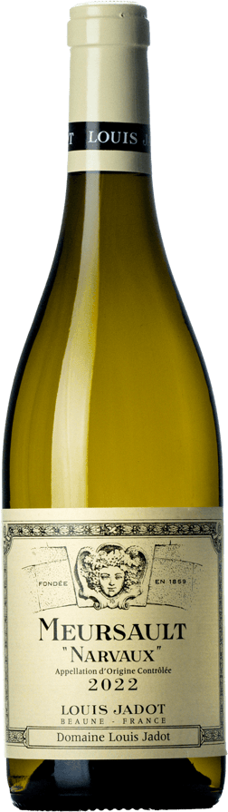 En glasflaska med Louis Jadot Meursault Narvaux 2022, ett vitt vin från Bourgogne i Frankrike