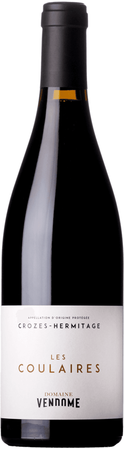 En glasflaska med Domaine Vendome Crozes-Hermitage Les Coulaires 2022, ett rött vin från Rhonedalen i Frankrike