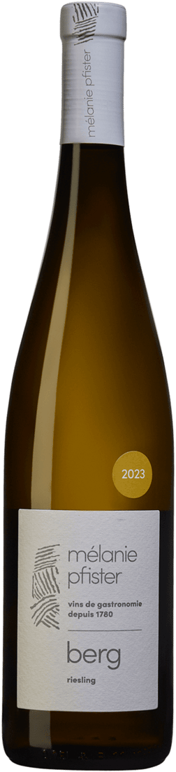 En glasflaska med Mélanie Pfister Berg Riesling 2023, ett vitt vin från Alsace i Frankrike
