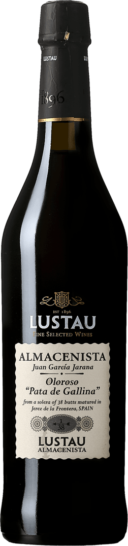 En glasflaska med Lustau Oloroso Pata de Gallina, en starkvin från Andalusien i Spanien