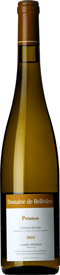 En glasflaska med Domaine de Bellivière Premicés 2022, ett vitt vin från Loiredalen i Frankrike