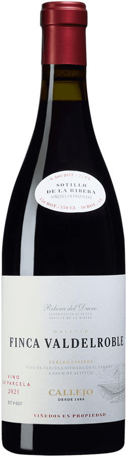 En glasflaska med Felix Callejo Finca Valdelroble 2021, ett rött vin från Kastilien-León i Spanien