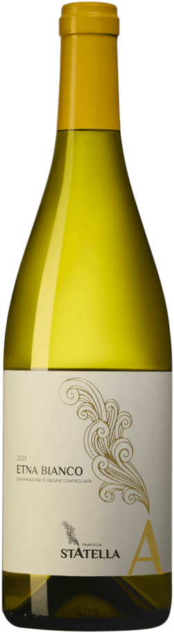 En glasflaska med Famiglia Statella Etna Bianco 2023, ett vitt vin från Sicilien i Italien