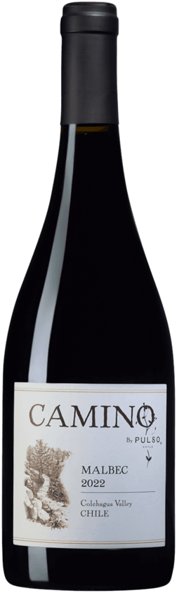 En glasflaska med Camino by Pulso Malbec 2022, ett rött vin från Valle Central i Chile