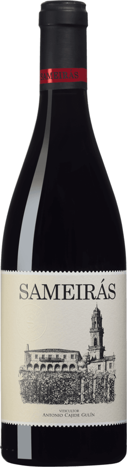 En glasflaska med Adega Sameirás Tinto 2022, ett rött vin från Galicien i Spanien